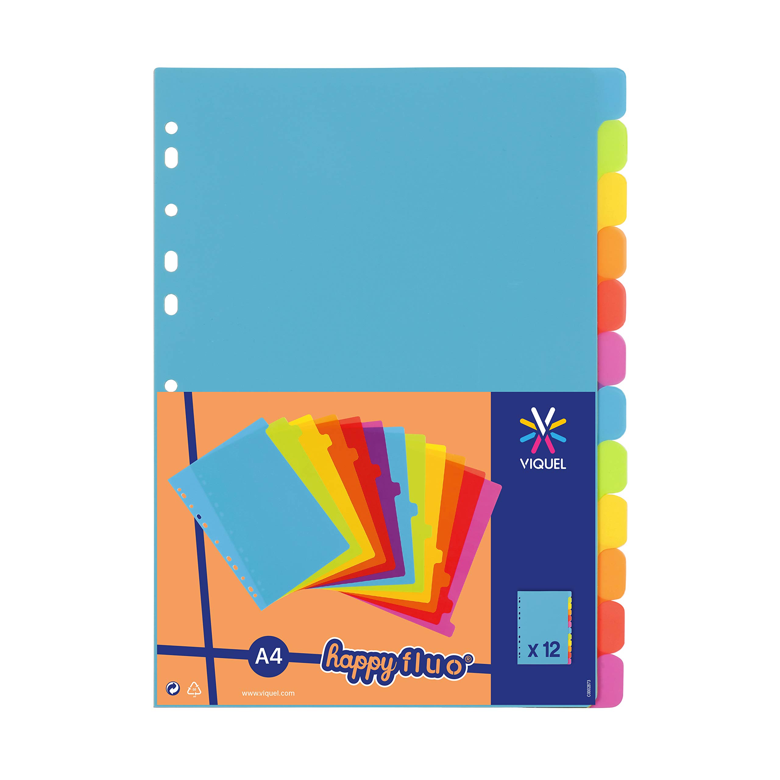 Viquel - Pack of 12 Plastic dividers - A4 Size (21 x 29.7 cm) - for A4 Binder - neon Colour