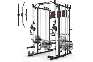 Liksodo Smith Machine for Home Gym, Multifunctional Power Cage Rack with Cable Crossover System and Smith Bar Barbell, T Bar and More Training Attachment, LAT Pull Down Machine for Garage