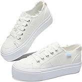 Obtaom Women Platform Canvas Sneakers White Comfort Play Fashion Sneakers Casual Lift Platform Lace Up Shoes Cute Low Top Walking Shoes for Lady