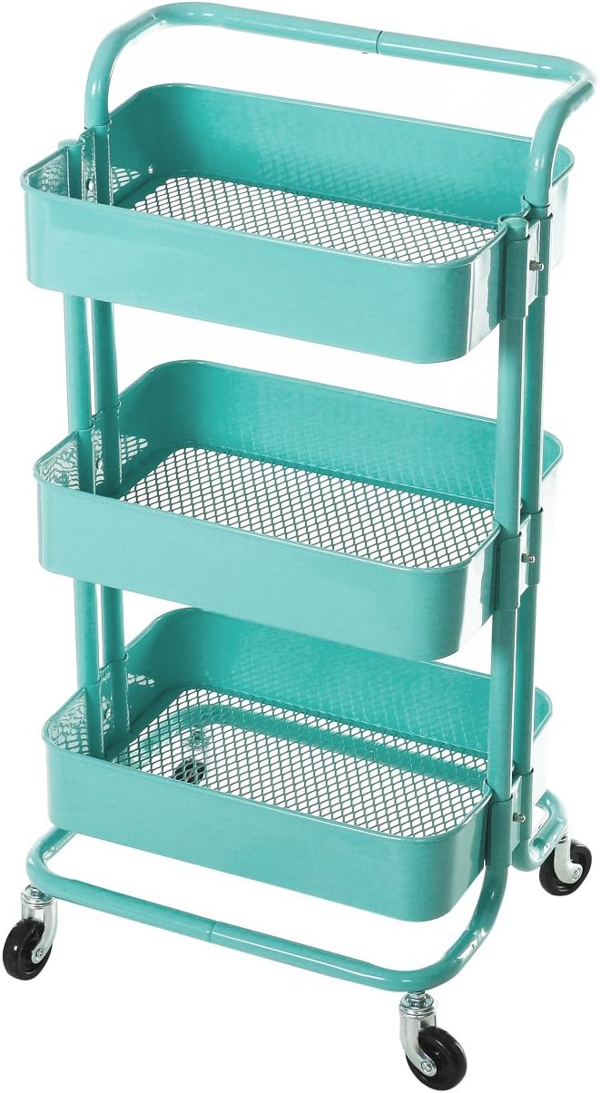HollyHOME 3-Tier Metal Utility Service Cart Rolling Storage Shelves with Handles, Blue Storage Utility Cart : Office Products