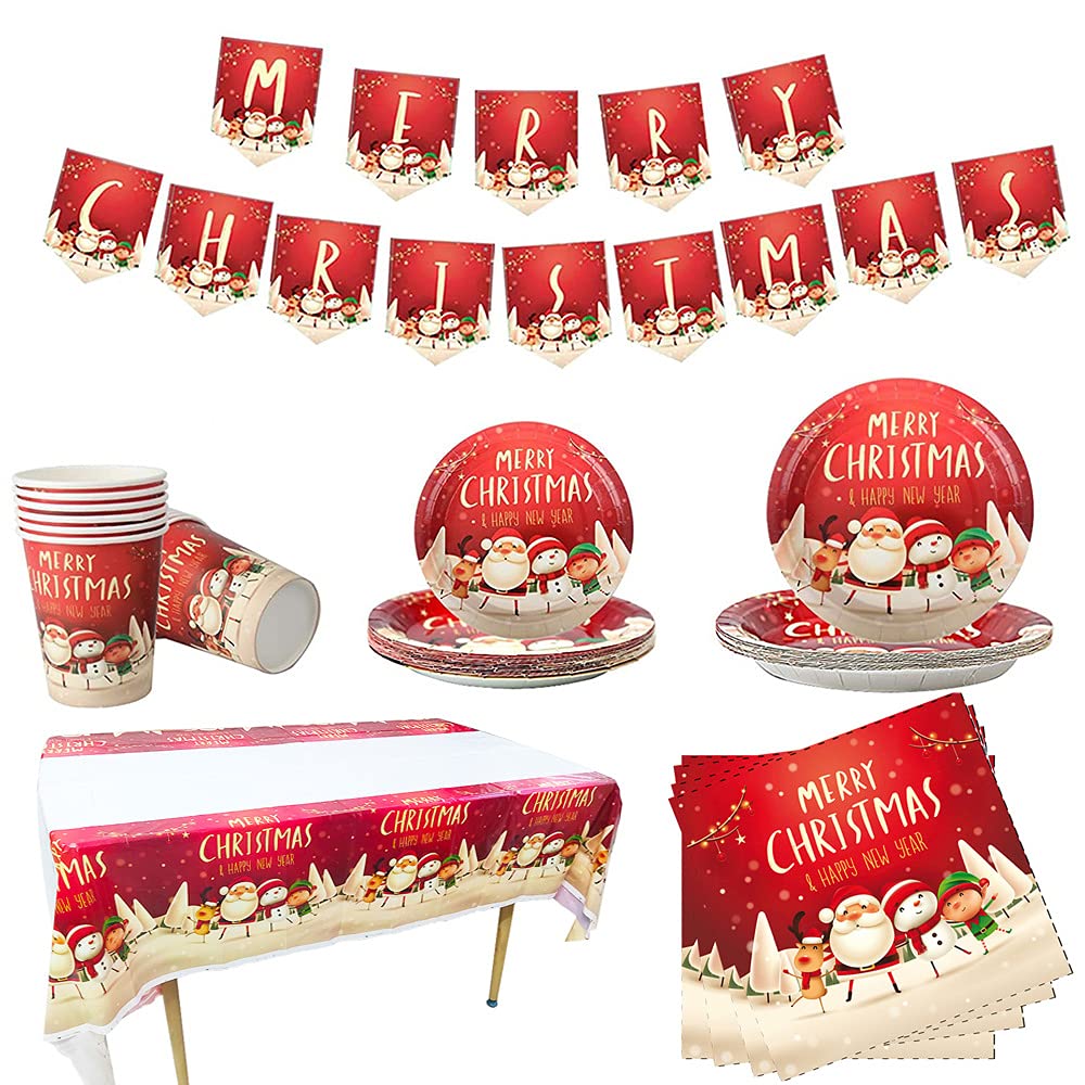 Christmas Tableware Set,16 Guests Christmas Decoration Paper Dinnerware Set with XmasBanner Tablecloth Napkin Xmas Paper Plates and Cups for Xmas Party Supplies Tableware Decorations — image 1