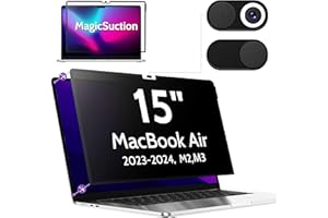 Peslv Privacy Screen Compatible With MacBook Air 15 Inch (2023-2024, M2, M3)- A2941 A3114, MagicSuction™ Removable Anti Spy Black Protector, Glare Blue Light Filter for Mac Laptop Computer