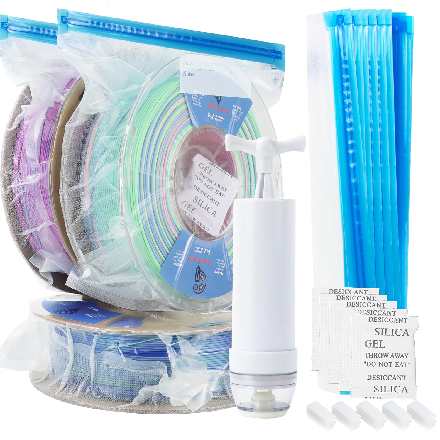 Goto Guard 16Pcs Filament Vacuum Storage Bags Kit with Hand Pump, 3D Printer Filament Storage Bags for Keeping Dry and Clean, 5 Filament Bags with 5 Desiccants,5 Clips,After Using Filament Dryer Box