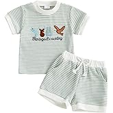 xkwyshop Summer Toddler Baby Boy Hunting Outfit This Is Gods Country Waffle Striped Short Sleeve Shirt Shorts Clothes Set