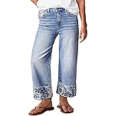 Flamingals High Waisted Straight Leg Cuffed Jeans for Women Trendy Floral Embroidery Roll Hem Baggy Wide Leg Jeans