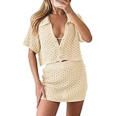 Saodimallsu Womens 2 Piece Cover Up Set Crochet Beach Summer Knit Button Short Sleeve Crop Top Mini Skirt Sets