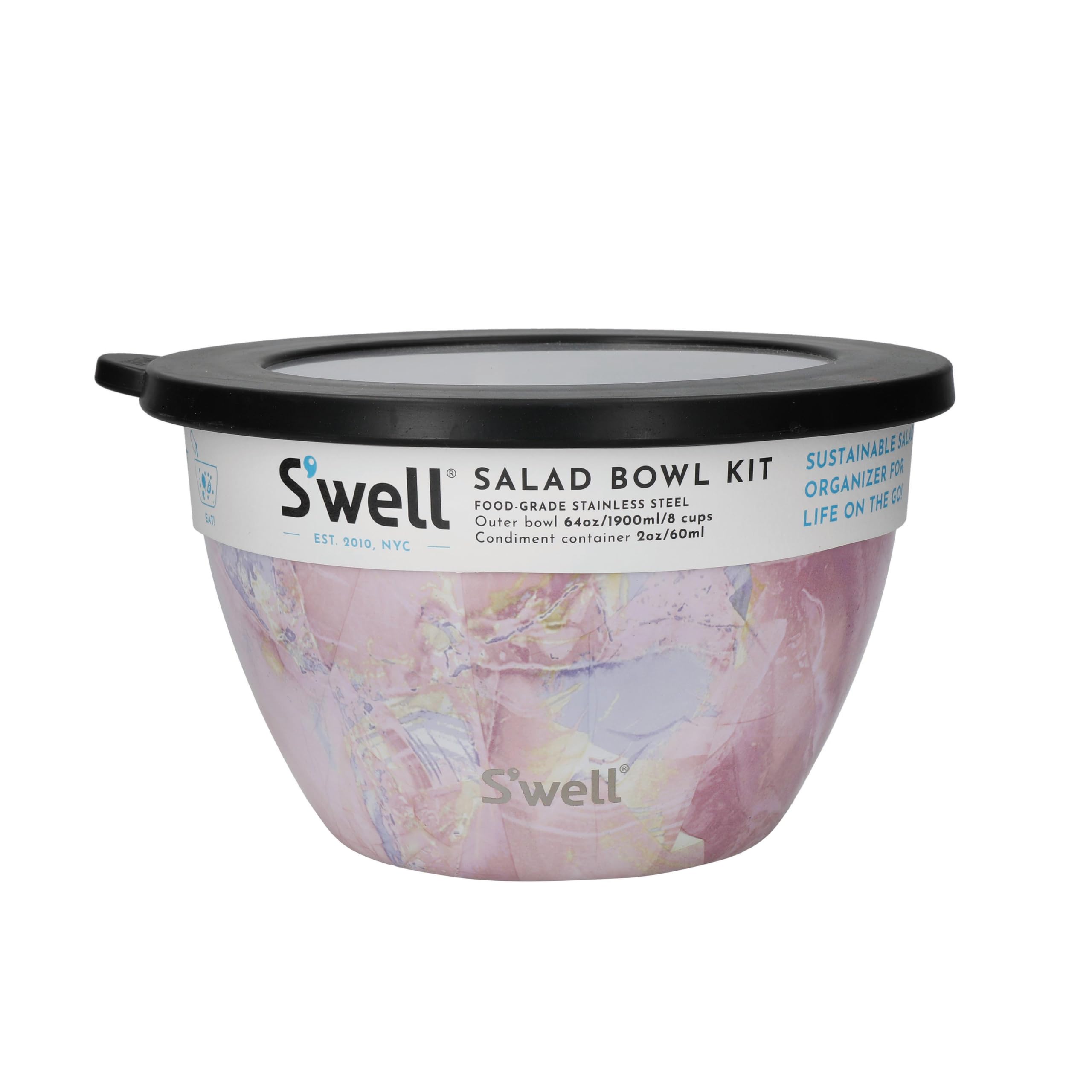 S'well Salad Bowl Kit, Geode Rose 1.9L - Salad Lunch Box with Condiment Container and Removable Tray, 20.800 x 19.100 x 11.700
