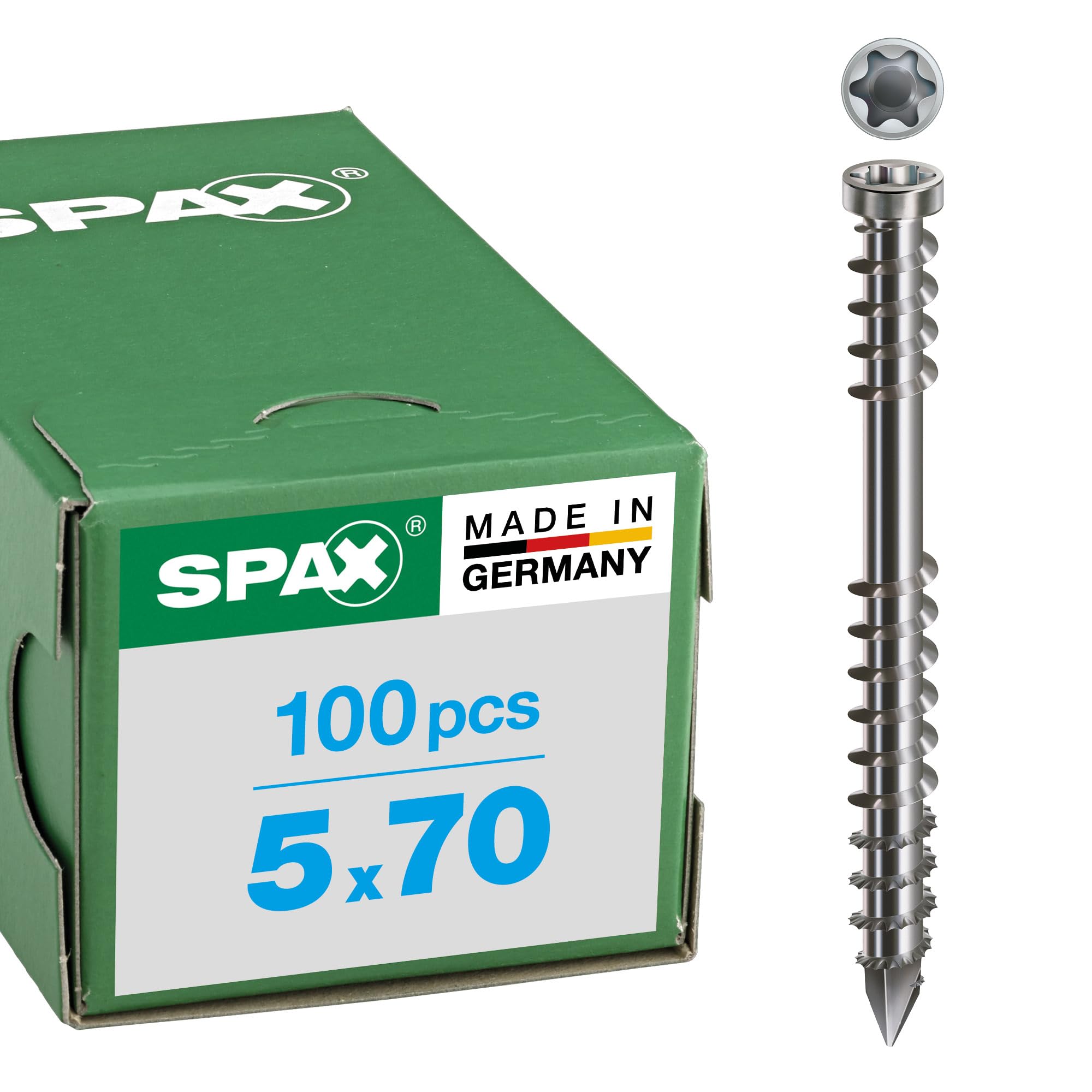 Spax A2 Deck Screw, Cylinder Head, T-Star Plus, Fixing Thread, Cut Tip, 5 x 70 mm, Pack of 100