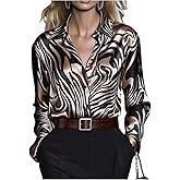 GORGLITTER Women's Zebar Print Satin Button Down Shirt Silk Long Sleeve Collared Shirts Business Office Blouse