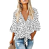 Kancystore Womens Button Down V Neck Tie Knot Front Tops 3/4 Sleeve Chiffon Casual Blouse Shirts