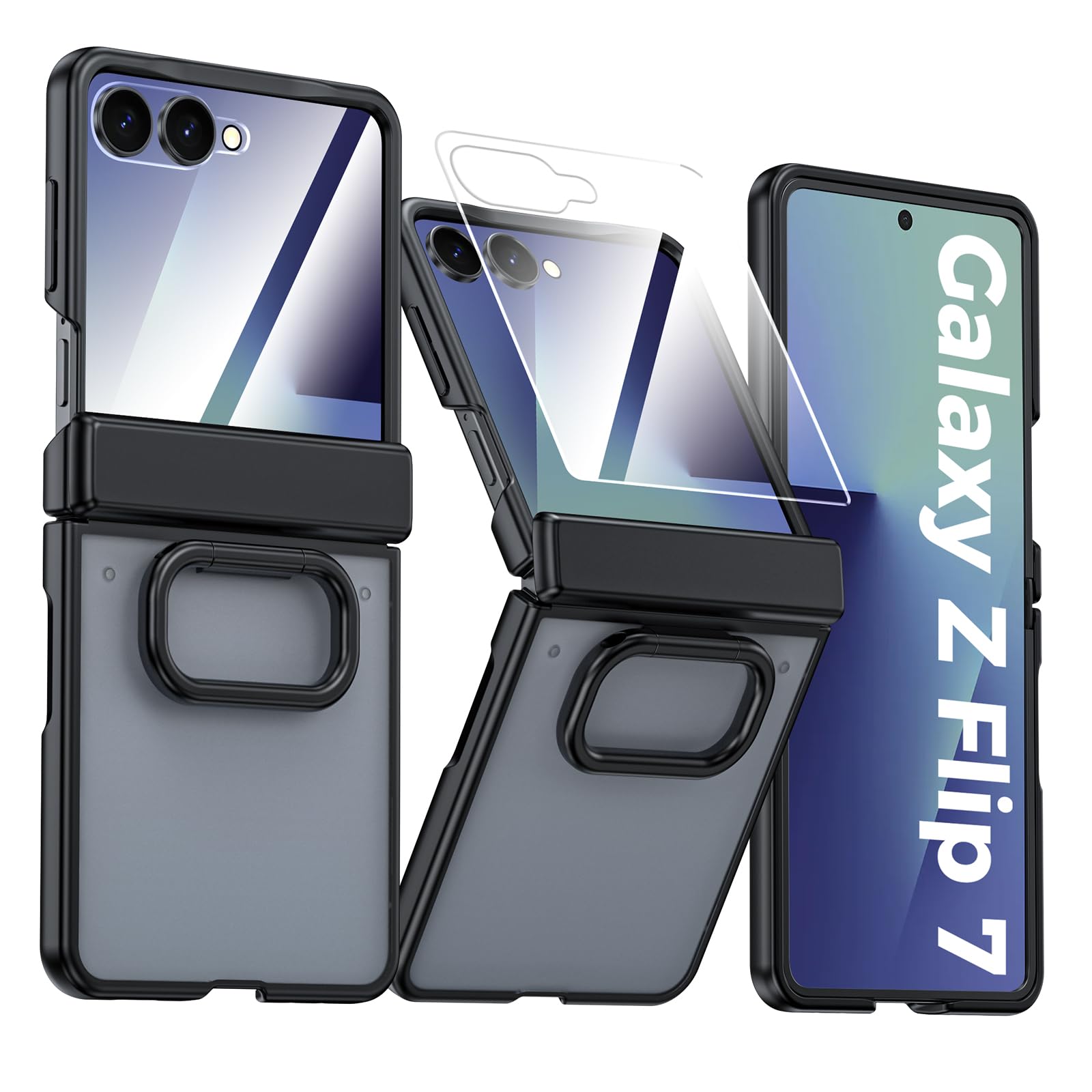 Photo 1 of Vizvera for Samsung Galaxy Z Flip 7 Case with Ring Holder[Slim Design][Screen Protector][Hinge Protection] Translucent Matte Shockproof Protective Phone Case for Galaxy Z Flip 7(Ring Black)
