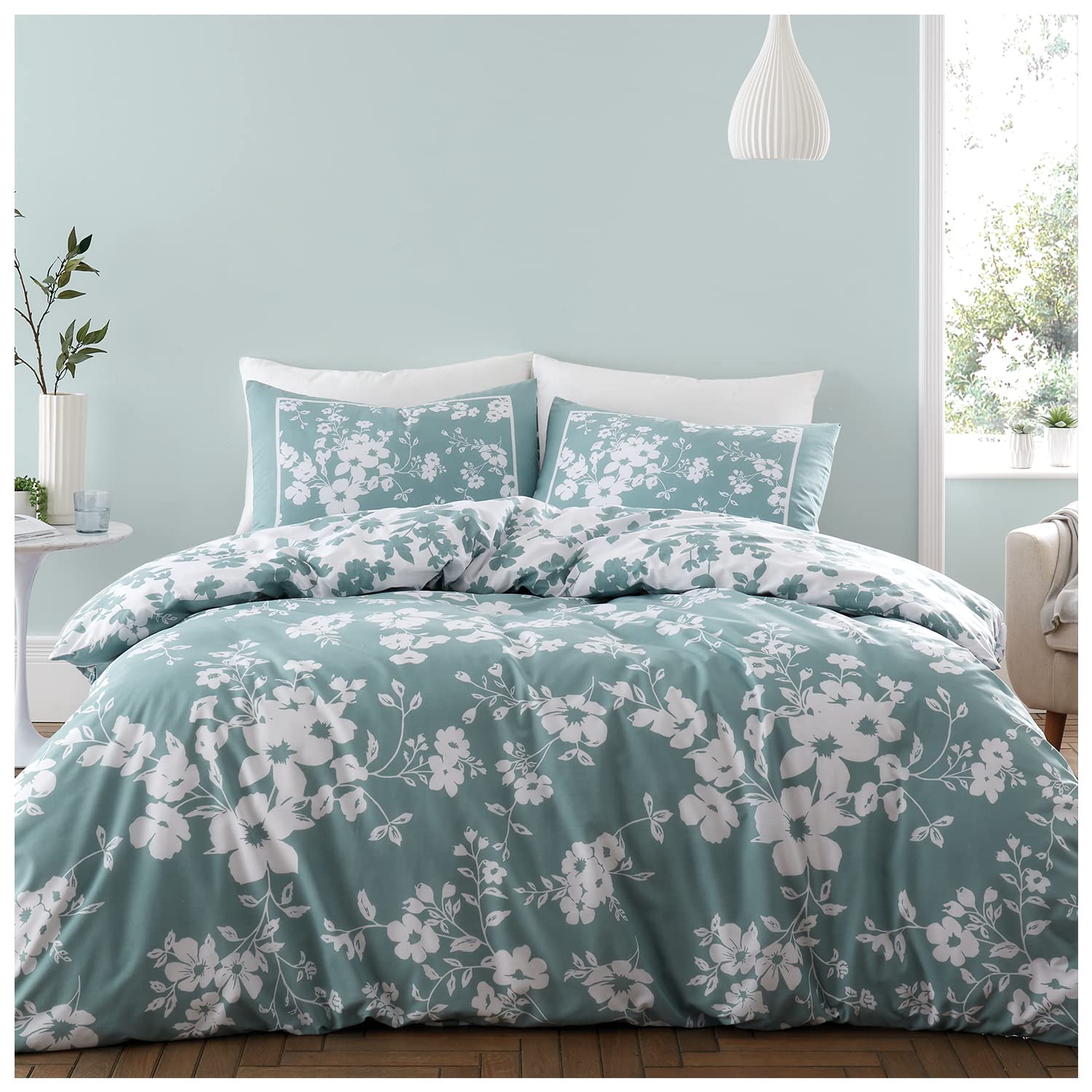 GC GAVENO CAVAILIA Floral Duvet Cover Double, Poly Cotton Printed Bedding Sets, 3 Piece Breathable Comforter Covers, Green