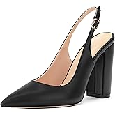 Kayarevna Women's High Chunky Pumps Slingback Pointed Toe Block Heels Dress Wedding Black Matte Size 9