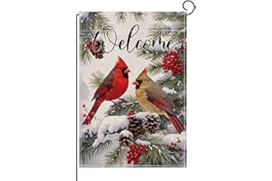 ONFAON Christmas Decorations -Welcome Christmas Garden Flag 12x18 Inch Red Cardinal Bird Twigs Yard Flag Double Sided Holly Berry Snow Seasonal Xmas Winter Yard Flag for Outside Decoration