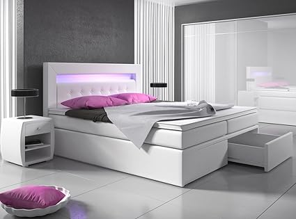 Boxspringbett 140x200 Weiß mit Bettkasten LED Kopflicht Hotelbett Polsterbett Venedig