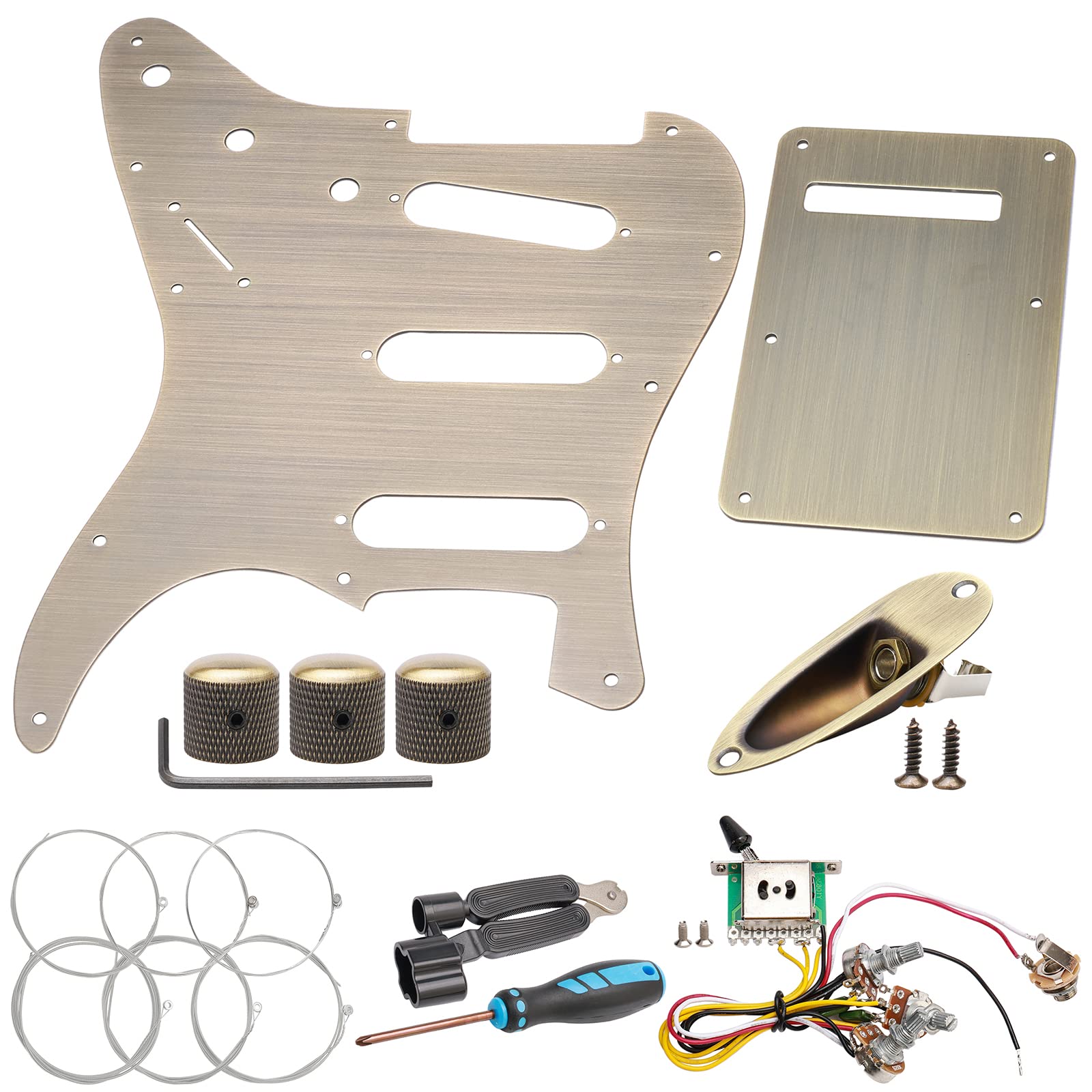 Unxuey SSS Strat Guitar Pickguard and Back Plate Set with Guitar Wiring Harness, Potentiometer Knob, Guitar Jack Socket and Screws for Fender Style Stratocaster Guitar Parts, Bronze