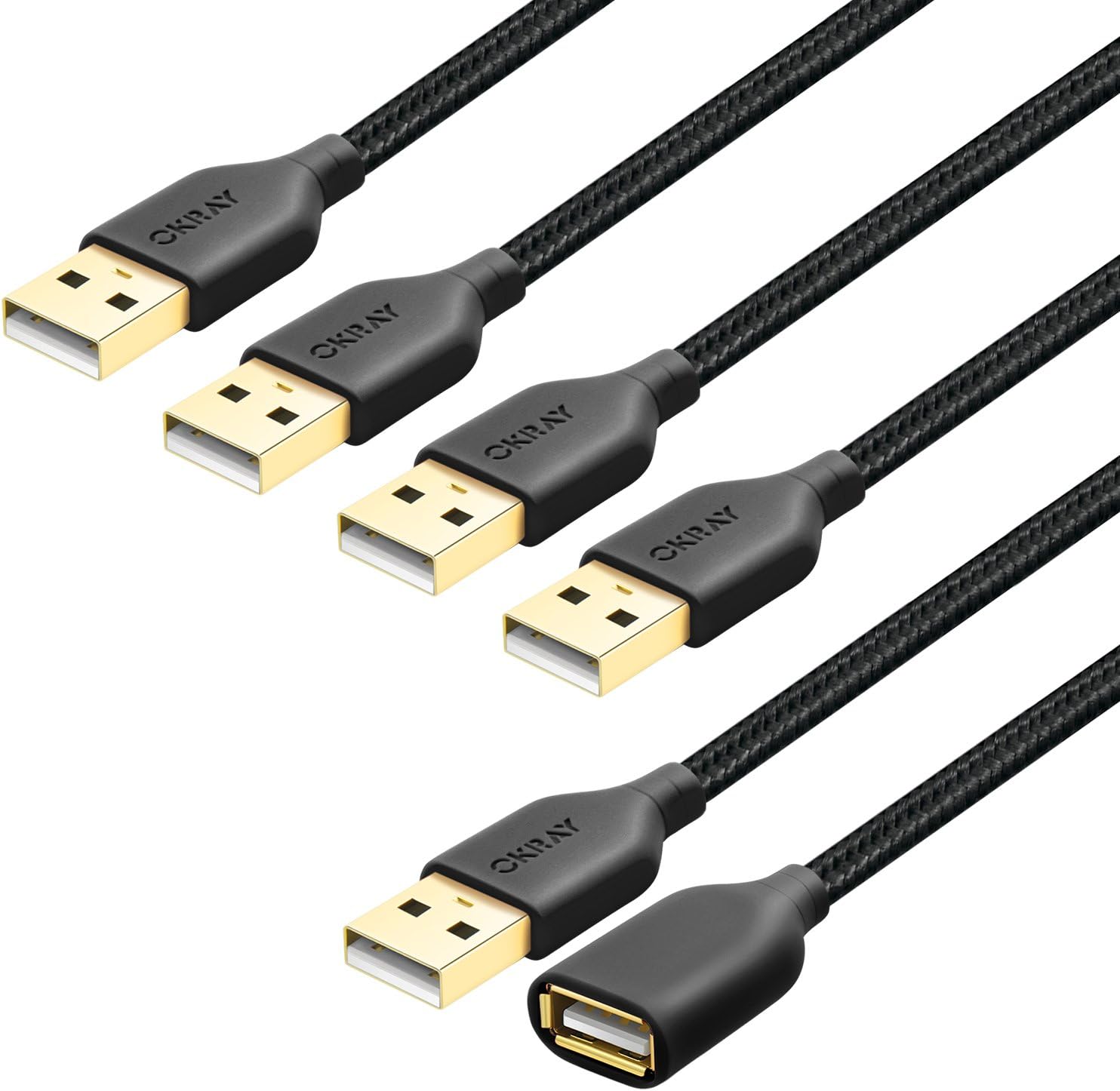 OKRAY 5 Pack Nylon Braided USB 2.0 Extension Cable Extender Cord - A Male to A Female with Gold-Plated Connector - 6 Feet (1.83M) (All Black): Computers & Accessories