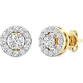 Gilded Lab-Grown Diamond Sterling Silver and 14KT Yellow Gold Plated Silver Stud Earrings for Women | Round Halo Shaped Studs | Hypoallergenic Fine Jewelry | Prong Setting, Push Back Nut | SI1 Clarity, F Color 1/4, 1/2, 3/4, 1 Carat Total Weight