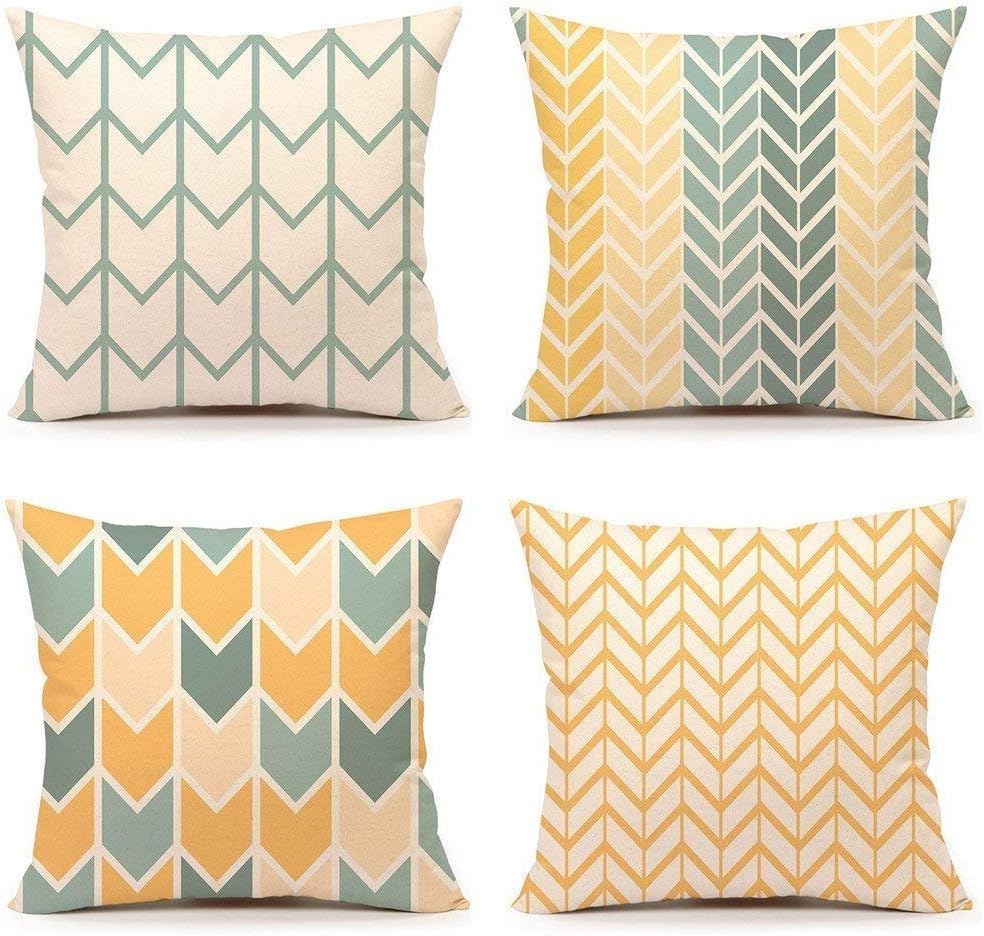 TIDWIACE® Yellow and Green Cushion Cover Cotton linen Decorative Square Accent Throw Pillow Cases for Sofa Bedroom Home Decoration18 x 18 Inch, with Invisible Zipper 45cm x 45cm, Set of 4