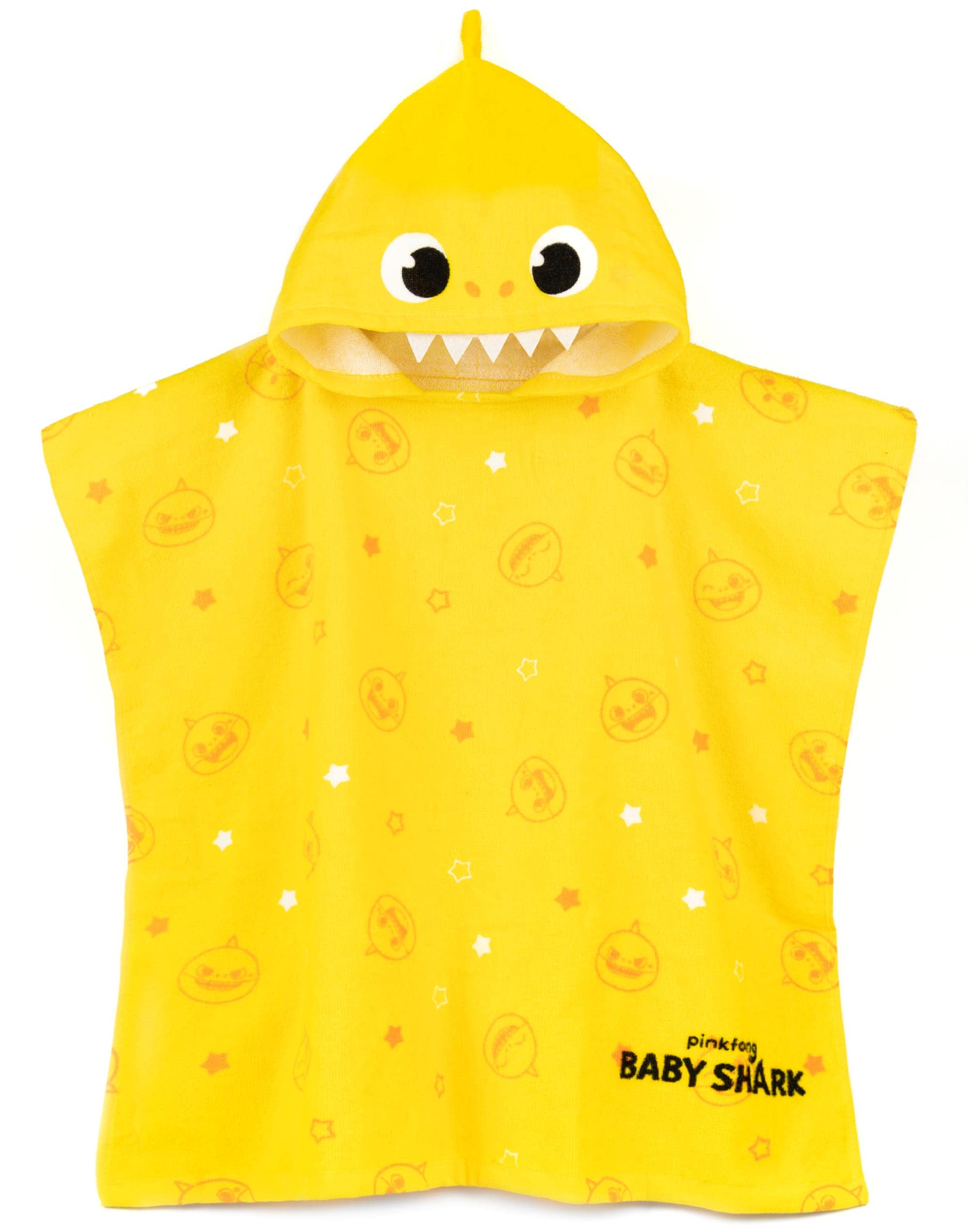 Baby Shark Towel Poncho Kids | Girls Boys Yellow Animated Shark | Childrens Song Bath Swimwear Beach Towel With 3D Face Fins Teeth