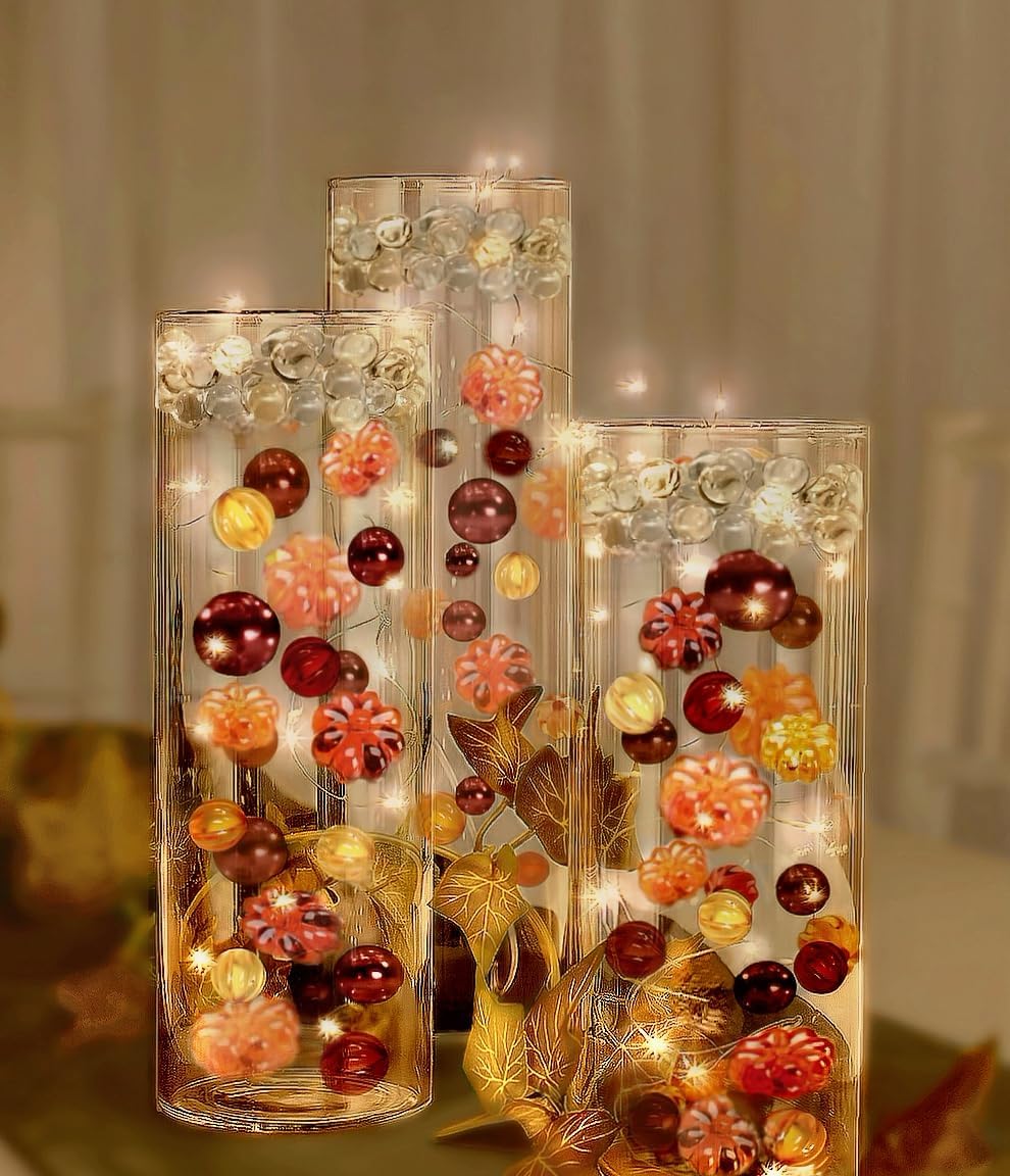 Vase Fillers - 70 Floating Fall Thanksgiving Pumpkin Gems & Pearls-Fills 1 Gallon of Gels for The Floating Effect-with Measured Transparent Gels Floating Kit-No guessing-Best Results! Vase Decorations
