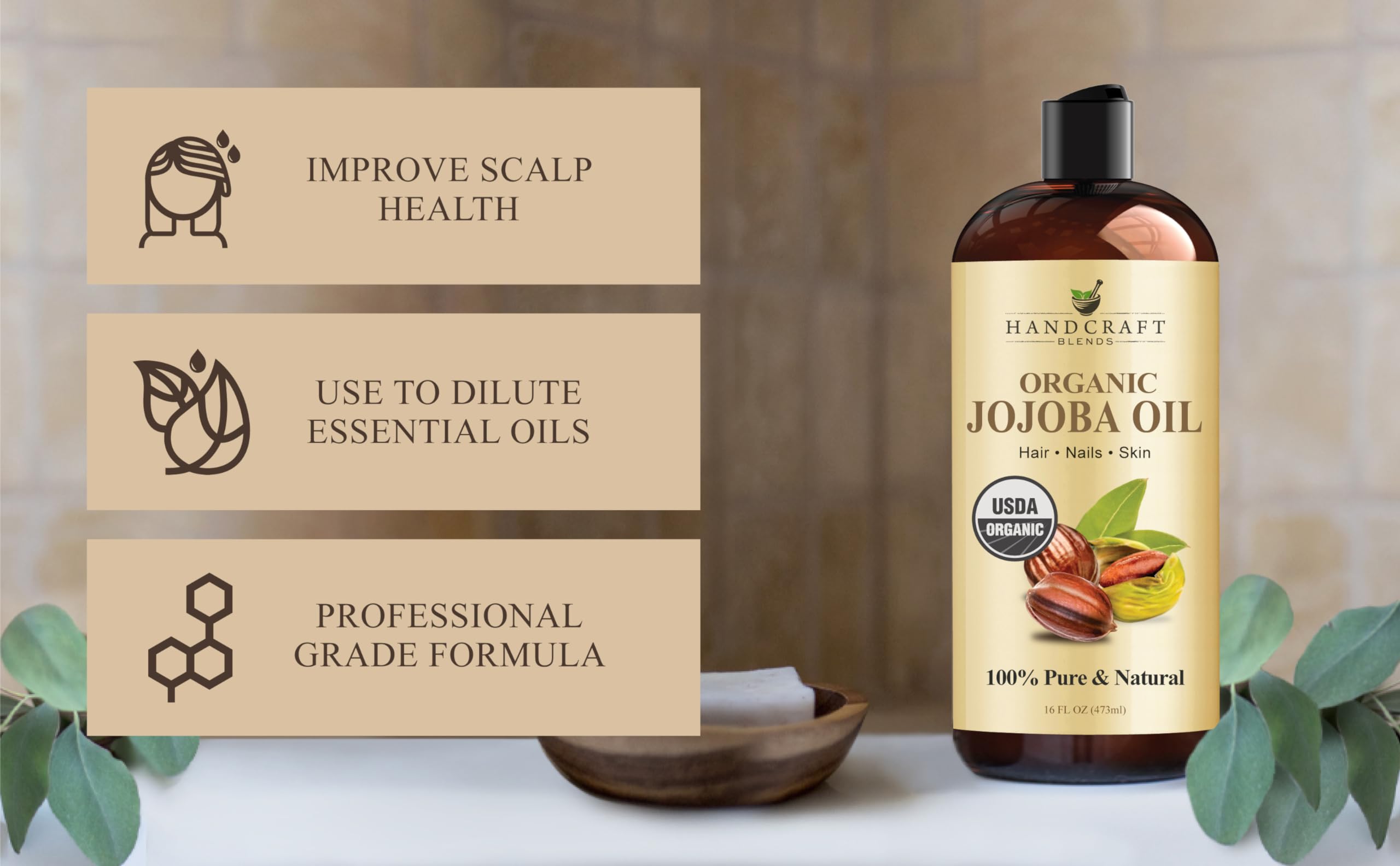 Handcraft Blends USDA Organic Jojoba Oil | Cold-Pressed | 16 Fl Oz | 100% Pure & Natural | for Hair, Skin & Face | Premium Grade Carrier Oil | for Massage & Aromatherapy | Hexane-Free