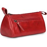 TheAntiq Leather Makeup Bag for Women – Genuine Leather Cosmetic Bag Travel, Handmade Zippered Makeup Pouch, Small Toiletry Bag, Shaving Kit & Stationery Organizer- Red