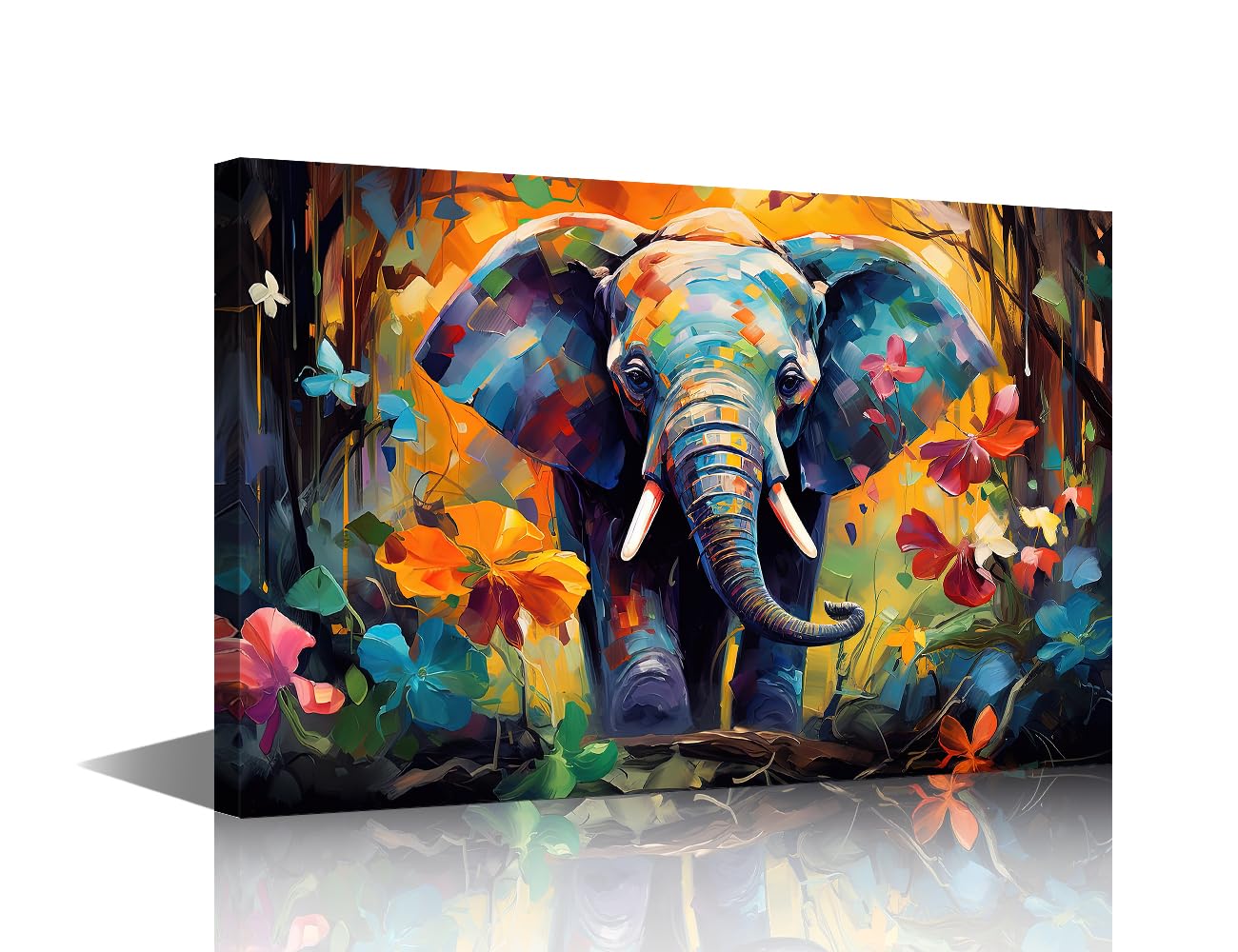 TISHIRON Living Room Wall Decor Elephant Oil Painting Canvas Wall Art Idea for Children Room Wall Decor Poster Wood Framed Prints for Farmhouse Home Decor 12x18 in