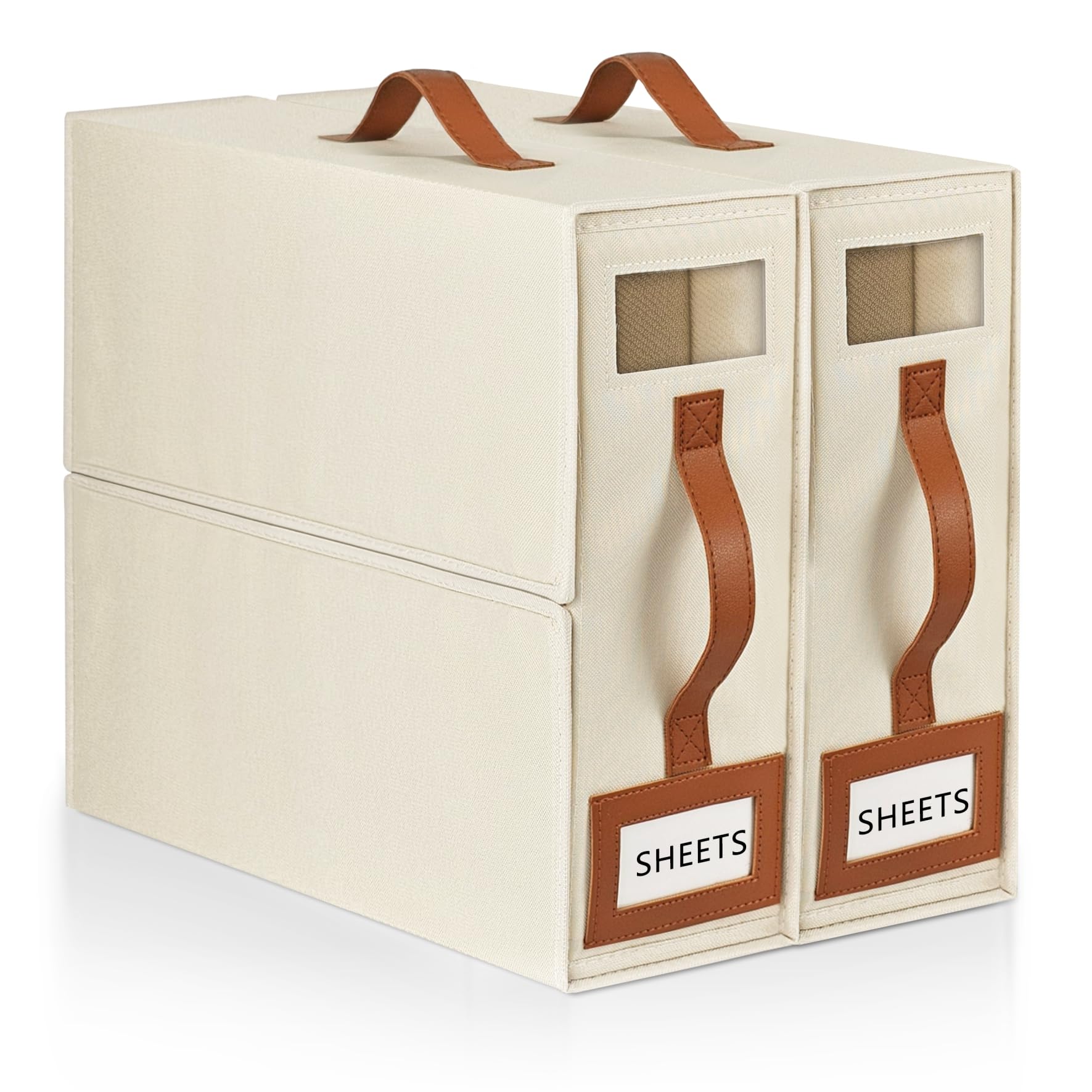 BOSNONA Bed Sheet Organiser 2 Pack Beige Bedding Storage Box Foldable King Size Bed Sheet Organiser Boxes with Zip for Bedsheets, Pillow Cases, Clothes (Beige, 2 Pack)