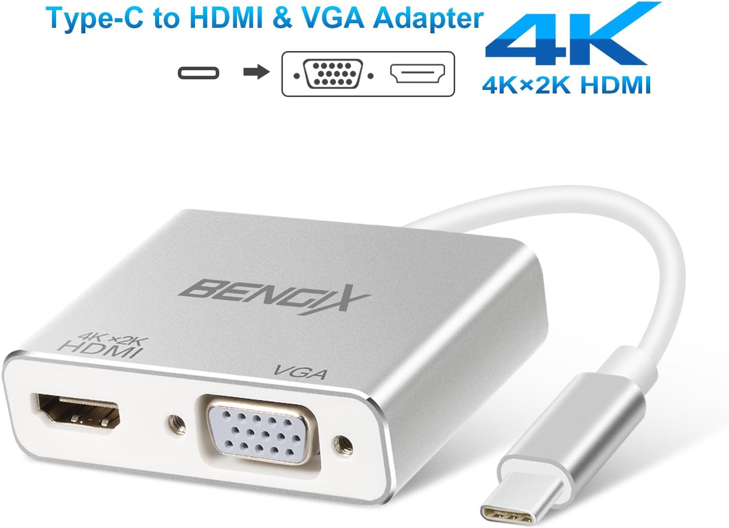 BENGIX USB 3.1 Type C to VGA HDMI 4K Converter Adaptor with Dual Screen Display for 2017/2016 MacBook/ChromeBook Pixel/Dell XPS/Samsung Galaxy S8/S8 Plus,Silver