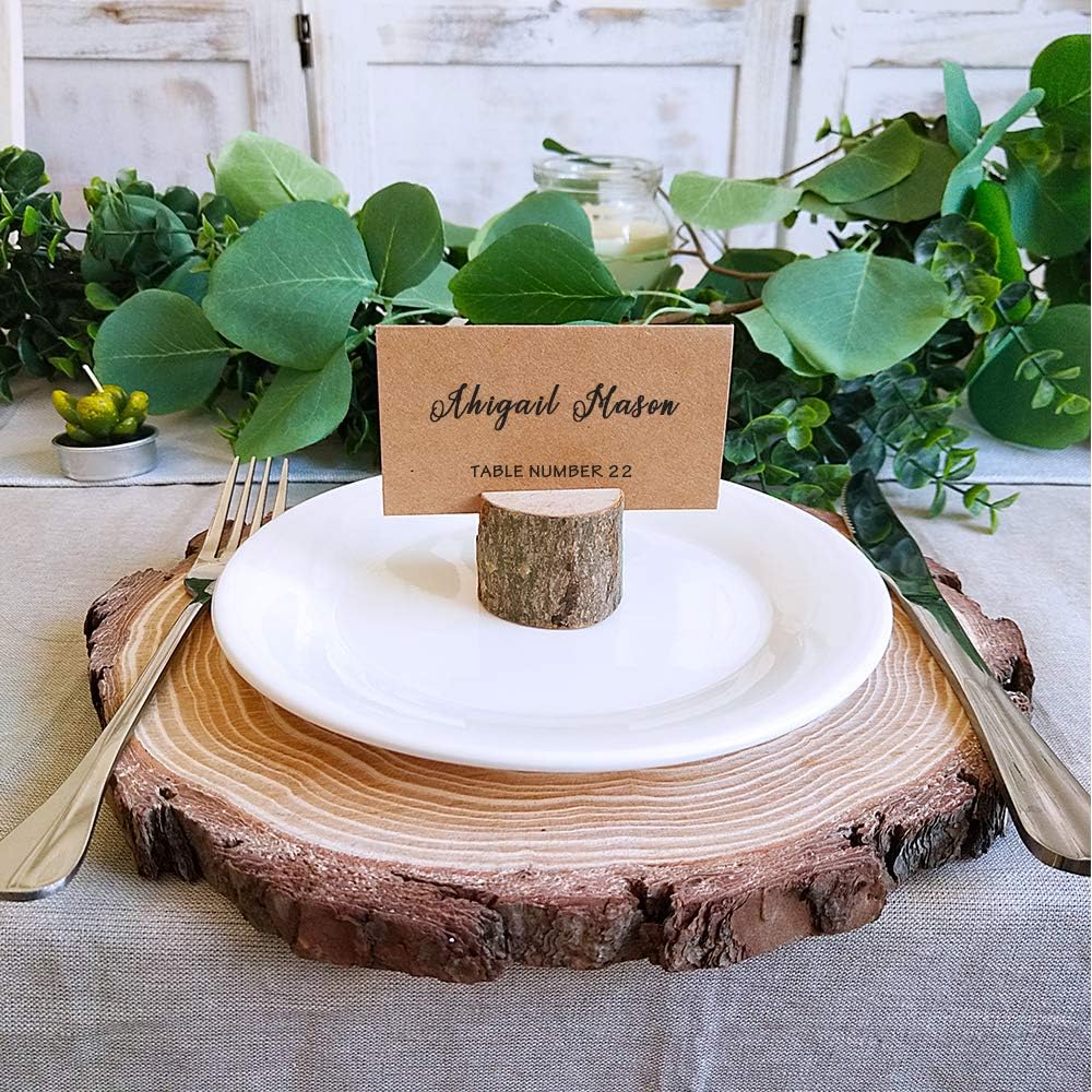 Supla 20 Pcs Rustic Wood Place Card Holders Circular Table Numbers Holder Stand Wooden Bark Memo Holder Card Photo Picture Note Clip Holders and Kraft Place Cards Bulk Wedding Party Table Number Sign: Home & Kitchen