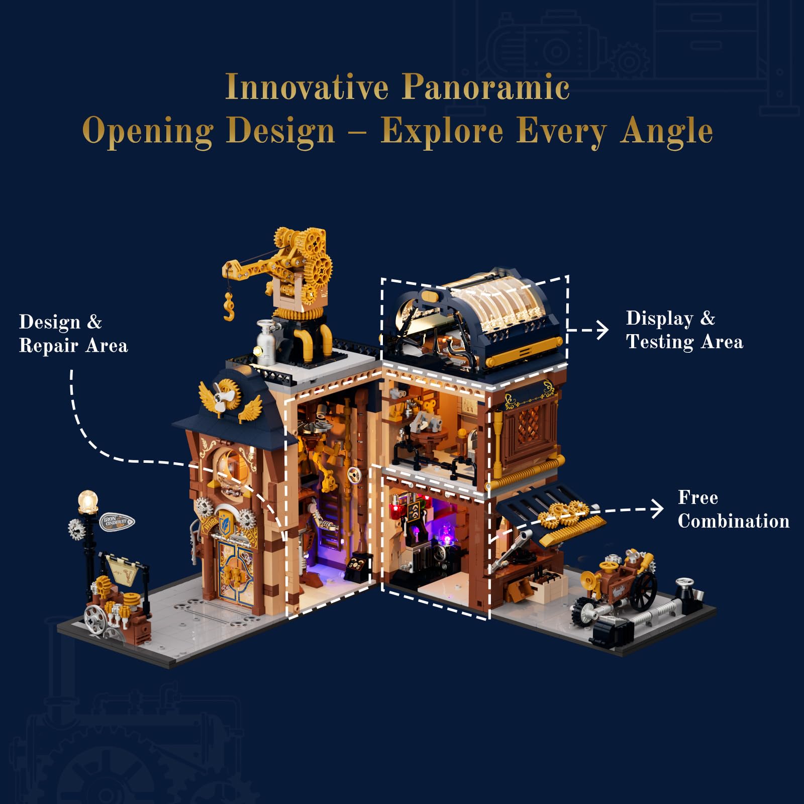 Lumibricks Steampunk Mechanische Werkstatt mit Beleuchtung, 2006 Klemmbausteine, Gebäude-Modell mit Schnellmontage & beweglichen Elementen, Sammler-Bauset für Erwachsene und Jugendliche 2