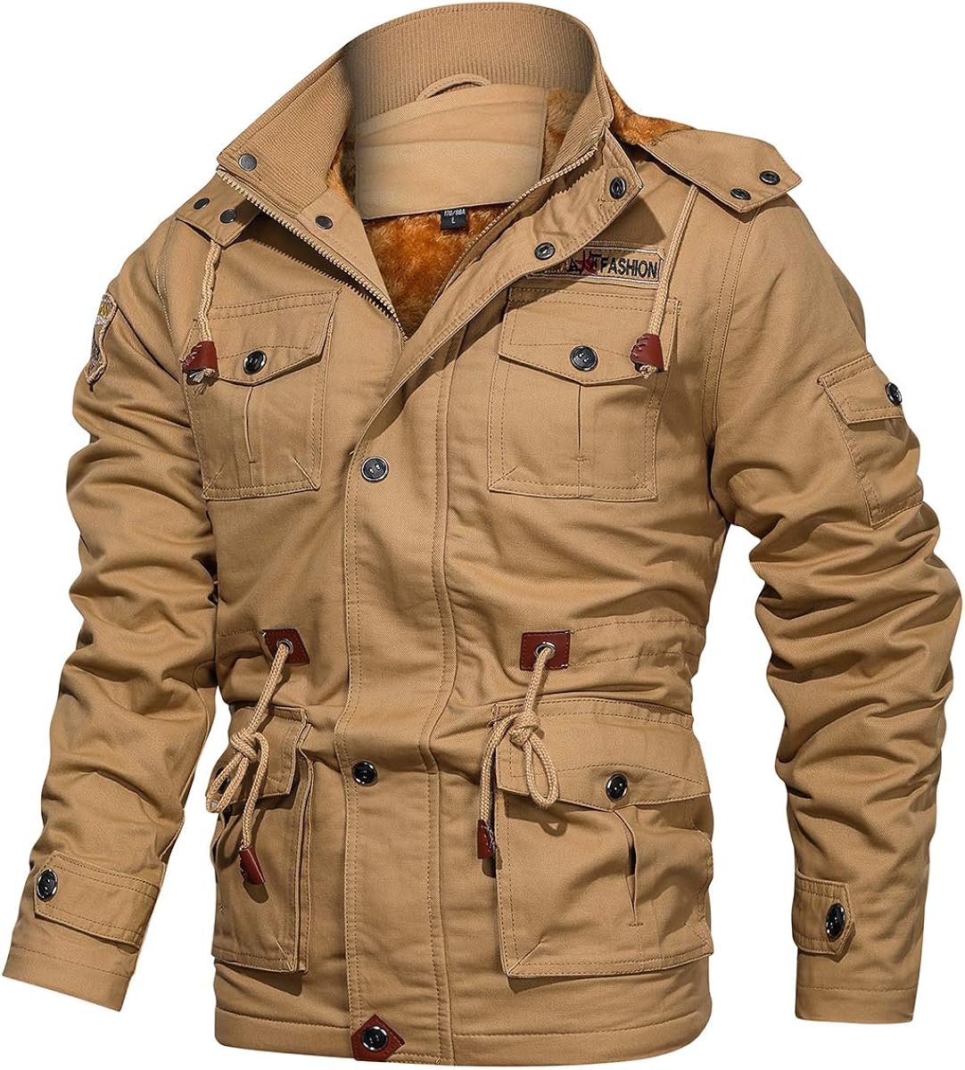 CARWORNIC Men's Winter Warm Military Jacket Thicken Windbreaker Cotton Cargo Parka Coat with Removable Hood: Clothing