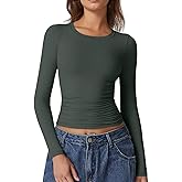QINSEN Womens Crewneck Long Sleeve Shirt Double Lined Basic Tees Side Ruched Going Out Crop Tops