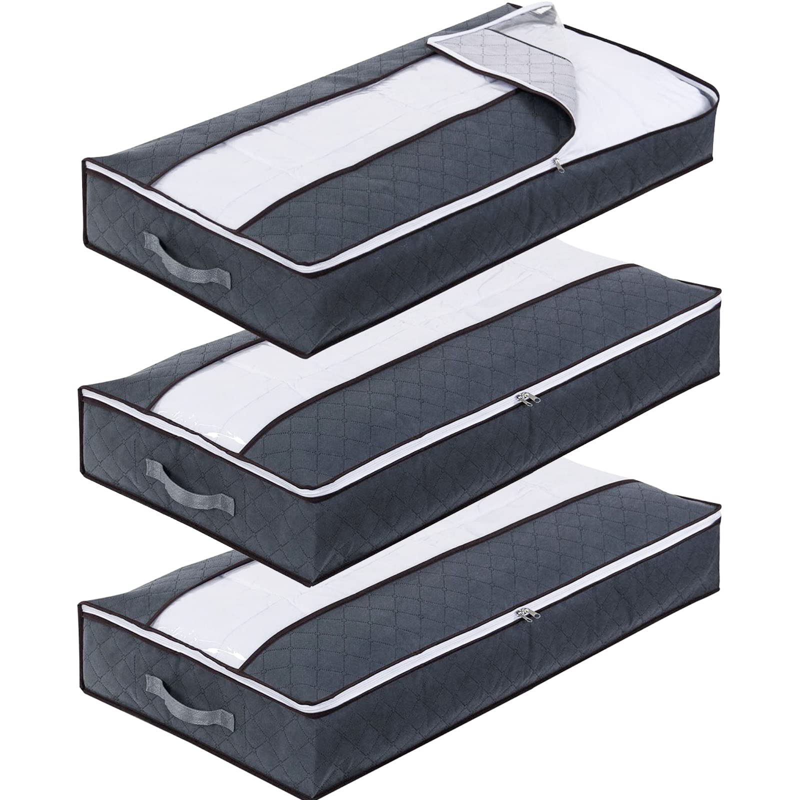 Withosent Underbed Storage Bag 3Pack, 90L Large Under Bed Storage Boxes with lid,Clothes Storage Bag Wardrobe Storage Organiser with Reinforced Handle, PVC Window for Duvet, Blanket, Clothing, Shoes