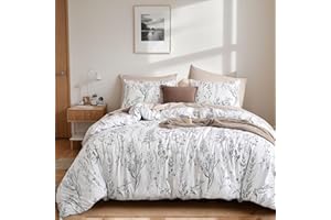 JANZAA Queen Comforter Set White Comforter Floral Bedding Sets 3 Pieces Flowers Bed Comforter 1 Soft Reversible Cute Botanical with 2 Pillow Shams