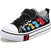 Cozystep Toddler Boys Girls Slip On Canvas Sneakers Cartoon Dinasour Printed Little Kid Unisex Adjustable Strap Walking Shoes Lazy Shoes with Hook and Loops