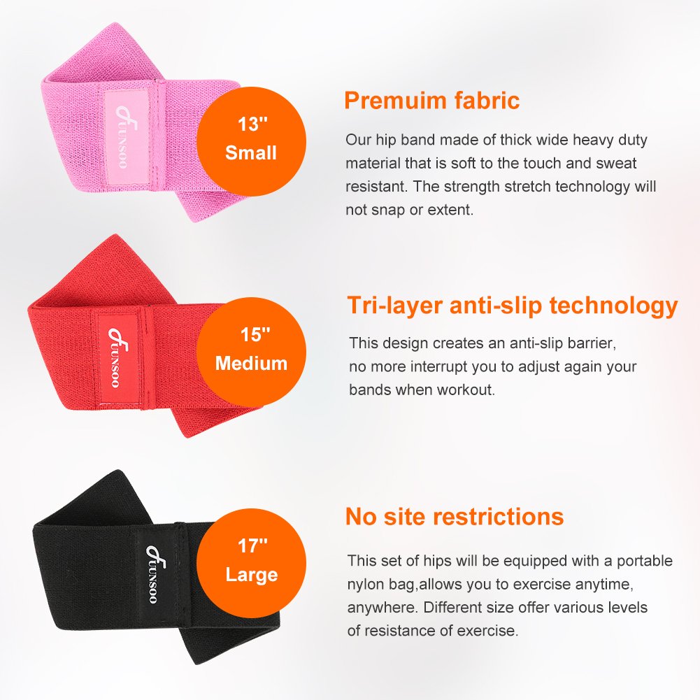 FUUNSOO Resistance Bands – 3 Pack Non-slip Elastic Grippy Exercise Band – Hip Band Circle with Elastic for Women Men Hip Work Out or Physical Therapy (Pink/Red/Black)