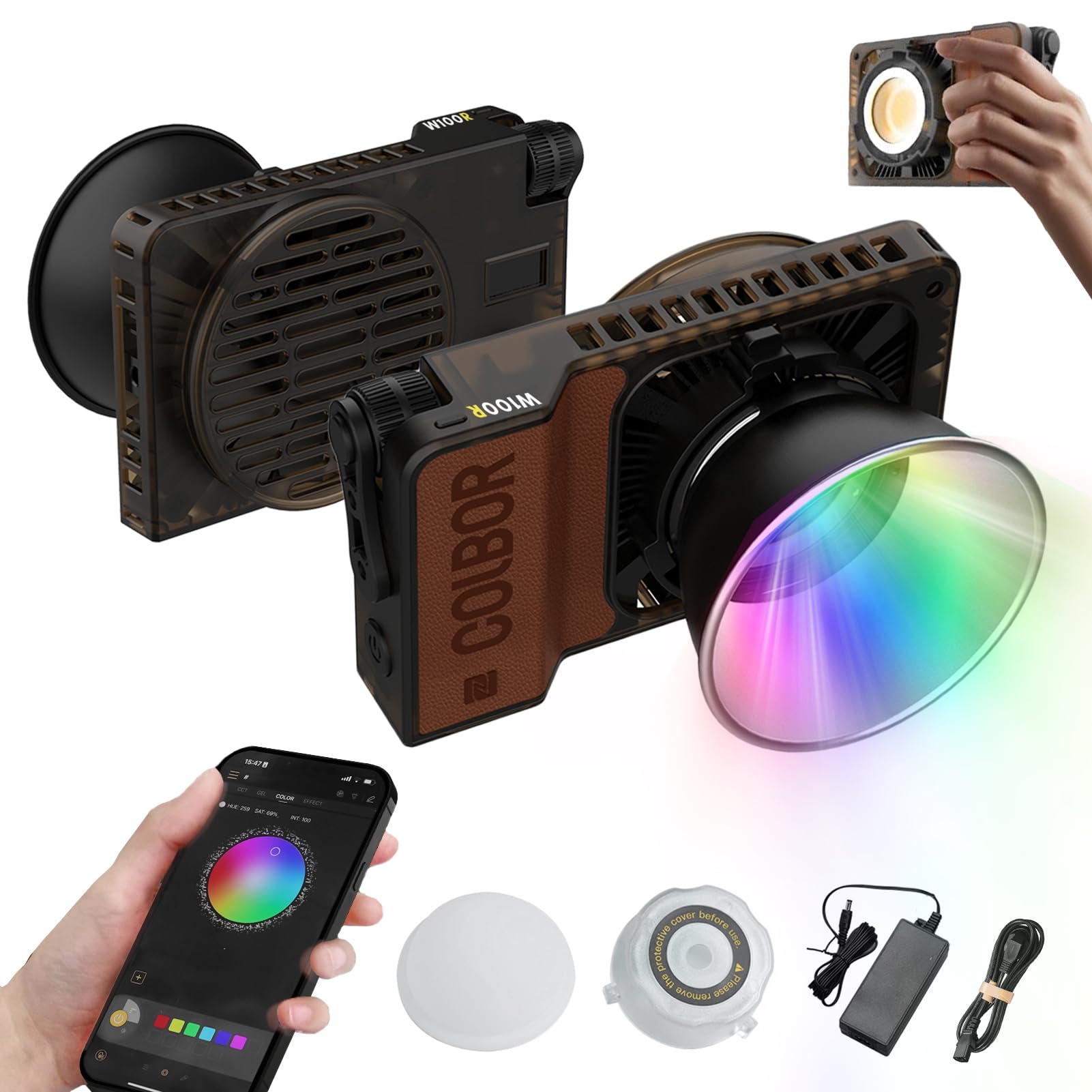 COLBOR W100R Pocket RGB Video Light 100W Photography LED Fill Light 2700K-6500K Dimmable APP Control for Vlog Live Streaming