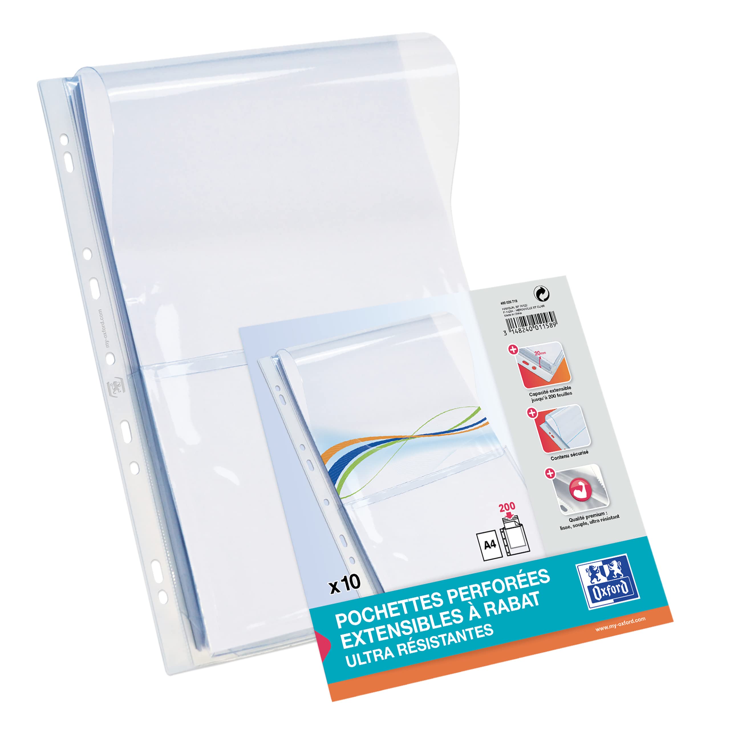 Oxford Pack of 10 A4 perforated pouches with clear PVC flap