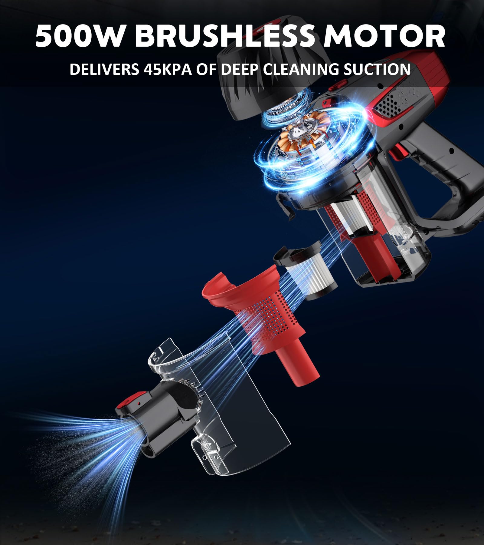 KTTLDRN Cordless Vacuum Cleaner, 500W 45Kpa 60Mins Stick Vacuum Cleaner for Home, Self-Standing Vacuum with 1.5L Dust Cup and HEPA Filter, Anti-Tangle Brush for Hardwood Floors, Carpets, and Pet Hair