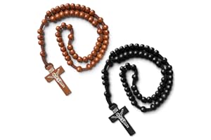 NADOBA 2Pcs Wooden Beads Rosary Necklace - Handmade Wooden Crosses Pendant Necklace Jesus Cross Necklace for Men Tan and Black Cross Necklace - Cross Necklaces for Women with Adjustable Necklace Chain