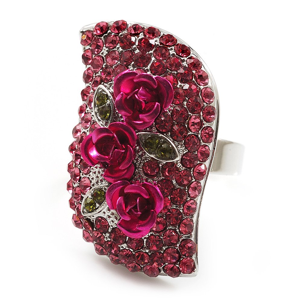 Avalaya Pink/Magenta Crystal Rose Cocktail Ring/Silver Tone/ 35mm Tall