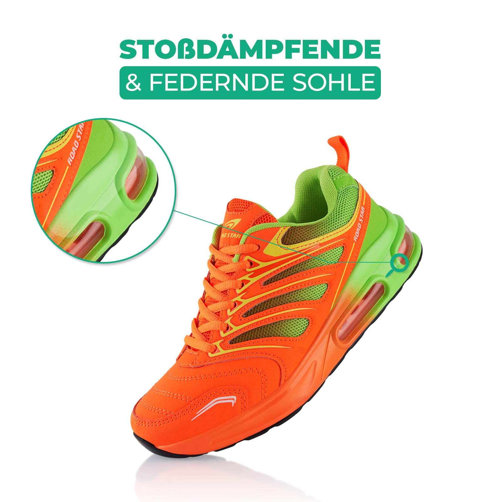 Fusskleidung® Damen Herren Sportschuhe Dämpfung Sneaker leichte Laufschuhe Orange Grün EU 36 3