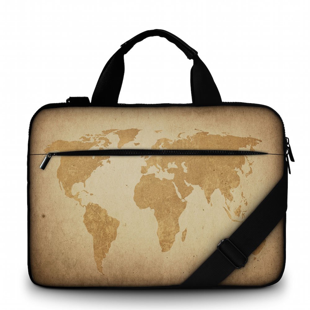 Silent Monsters Laptop bag case 17.3 inch made of Canvas with pocket for accessories, Design: brown global map — image 1