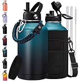 64/128 oz Half Gallon Insuated Water Bottle, (Keep Cold 48H), Leak Proof Food-Grade Stainless Steel Water Jug With Straw Lid and Atuo Spout Lid, Portable Paracord Handle & Carrier Bag Indigo Black