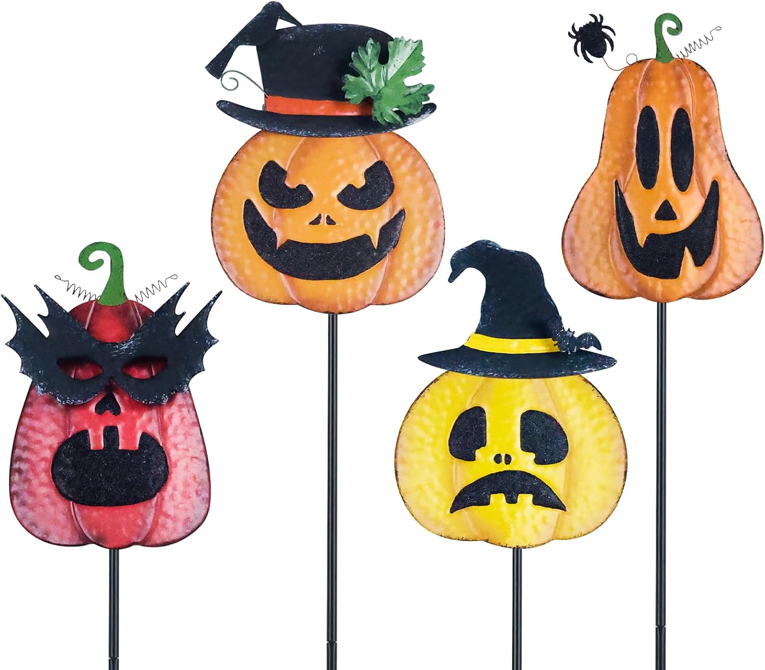 Decorative Garden Stakes - hogardeck Halloween Decorations Outdoor, 4PCS Metal Pumpkin Garden Stakes with Witch's Hat Crow Halloween Decorations for Home, Jack O Lantern Metal Yard Signs for Garden Lawn Patio Halloween Decor