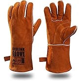 QeeLink Welding Gloves - Heat Resistant Leather and Fireproof Stitching for Fireplace Fire Pit Wood Stove BBQ Gardening Gear