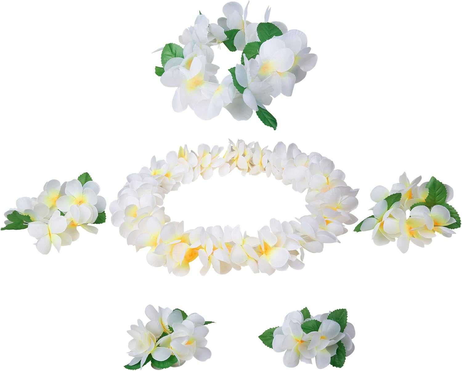 Udalyn Hawaiian Luau Flower Leis Jumbo Necklaces Bracelets Headband Anklets Set 6-7 Pack