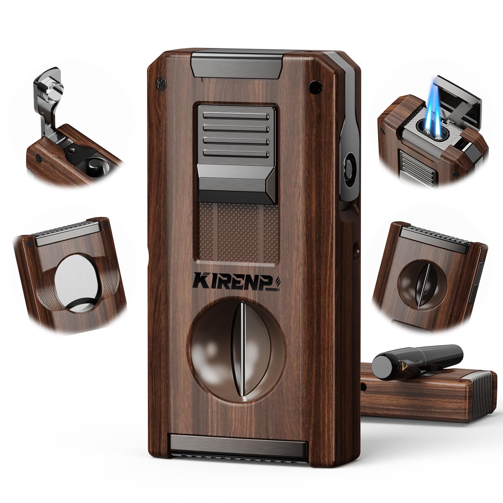 Photo 1 of 5-in-1 Multifunctional Torch Lighter with Dual Jet Flames, Straight & V Cutter, Punch, Holder, with Gift Box for Men, Refillable Butane Lighters for Travel, Camping, Outdoors